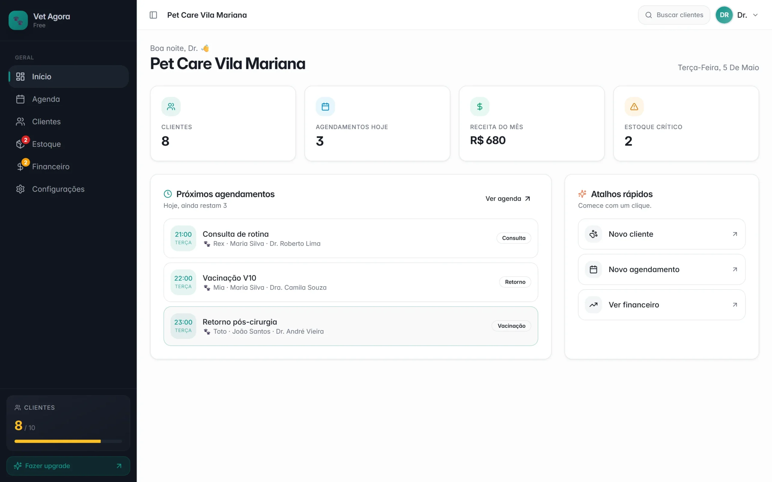 Dashboard do Vet Agora — métricas da clínica e próximos agendamentos do dia