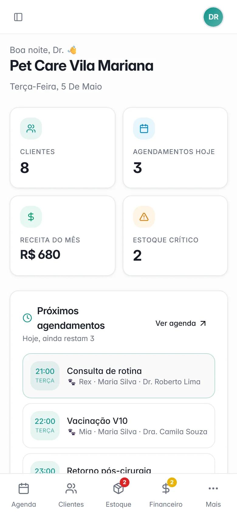Dashboard do Vet Agora no celular — bottom nav rápida