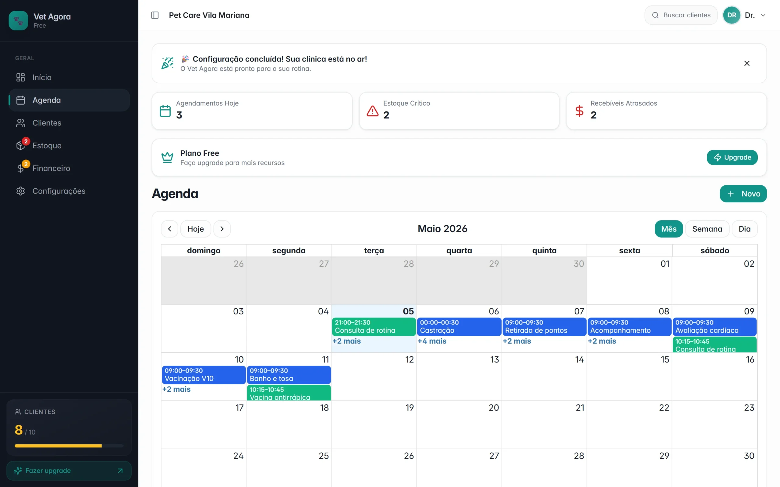 Agenda do Vet Agora — eventos coloridos por tipo (consulta, retorno, cirurgia, vacinação)