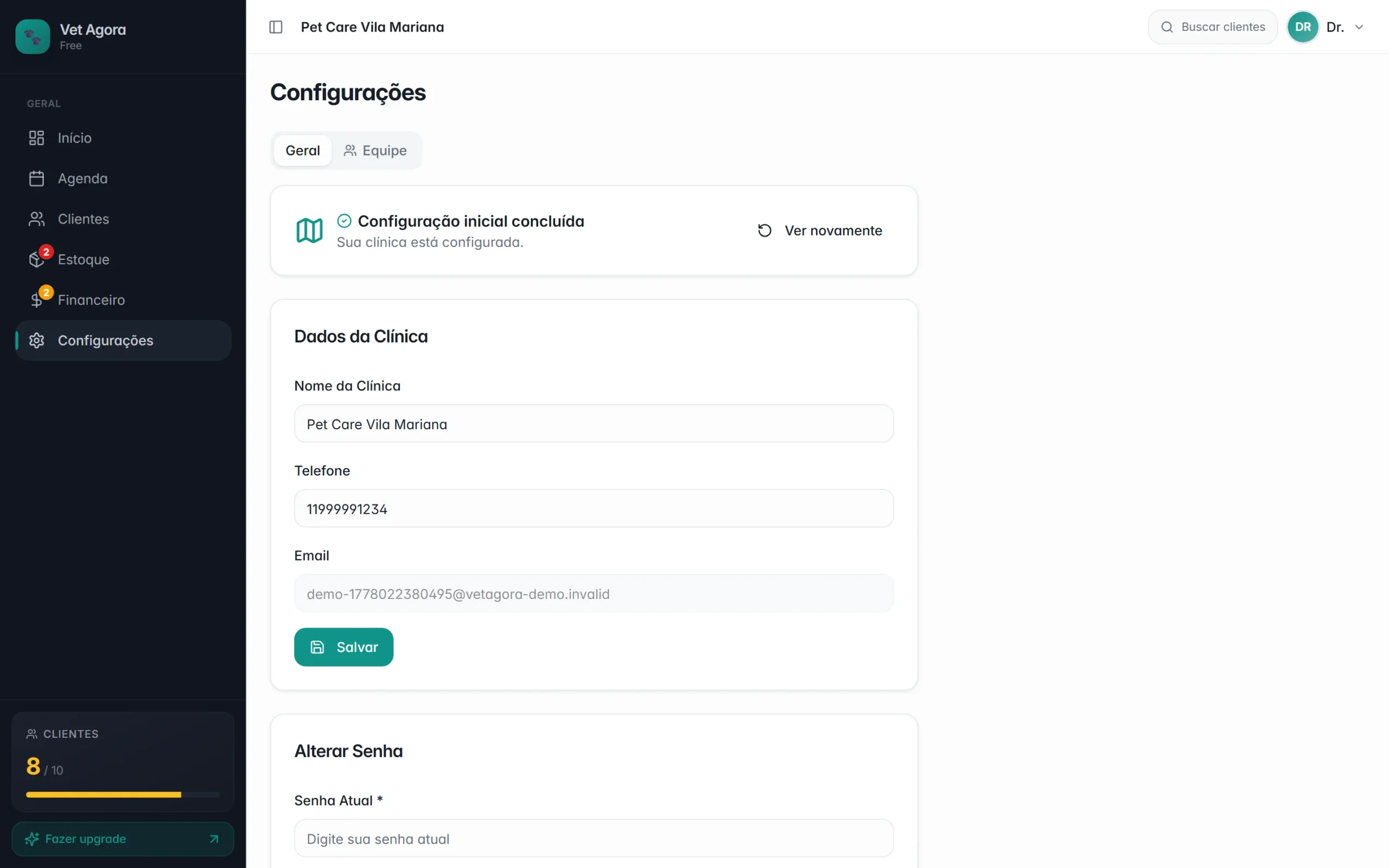 Configurações de IA do Vet Agora — IA generativa gratuita (BYO key) e Google Calendar