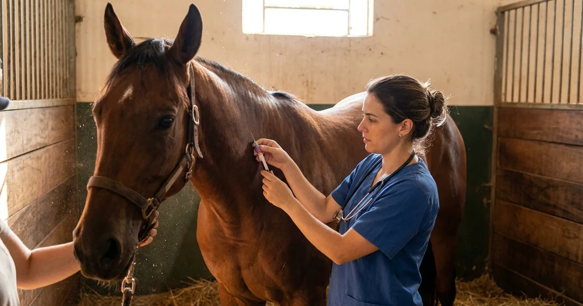 Veterinária colhendo sangue da jugular de cavalo pra teste de Coggins