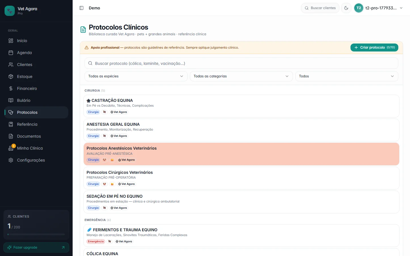 Biblioteca de protocolos clínicos no Vet Agora com sidebar lateral