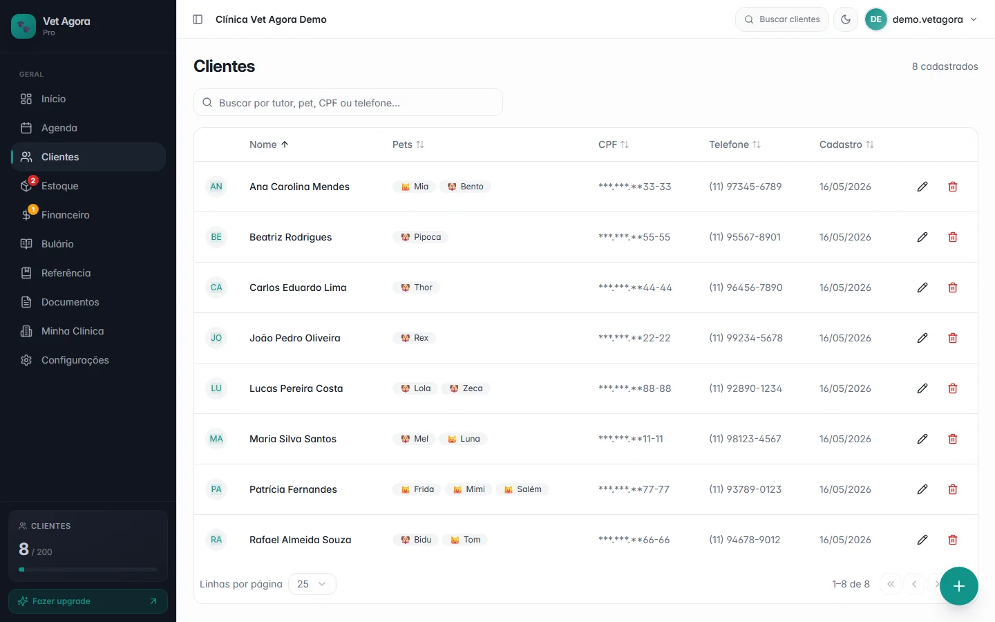 Lista de clientes e tutores cadastrados no Vet Agora
