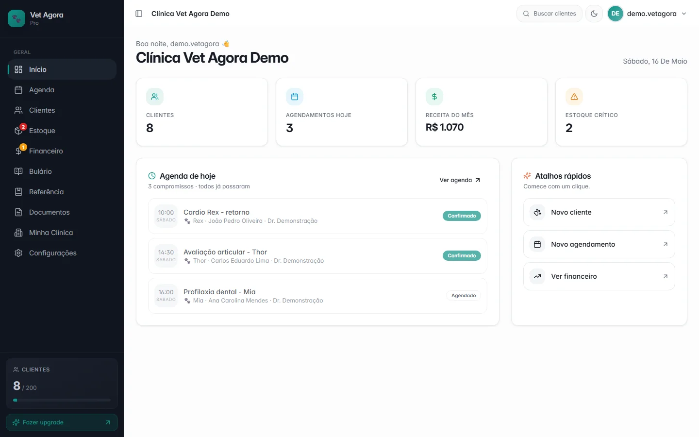 Dashboard do Vet Agora — visão geral da clínica com clientes, agendamentos, receita e estoque