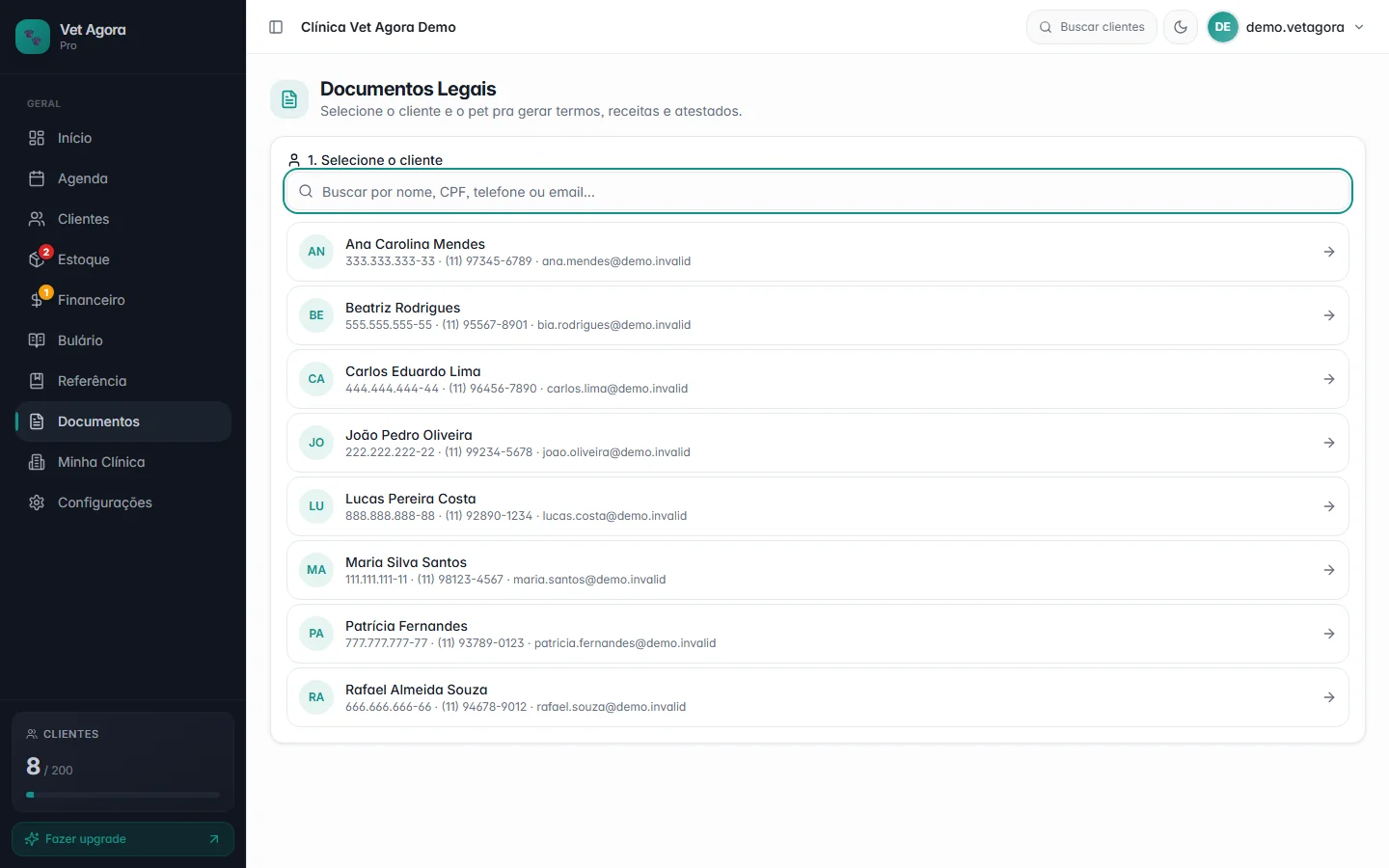Busca de tutor pra emitir documentos no Vet Agora