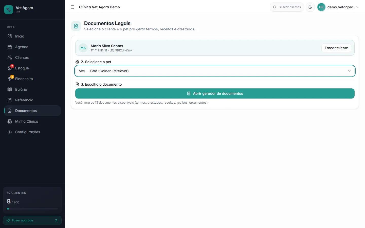 Tutor e pet selecionados na tela de documentos do Vet Agora