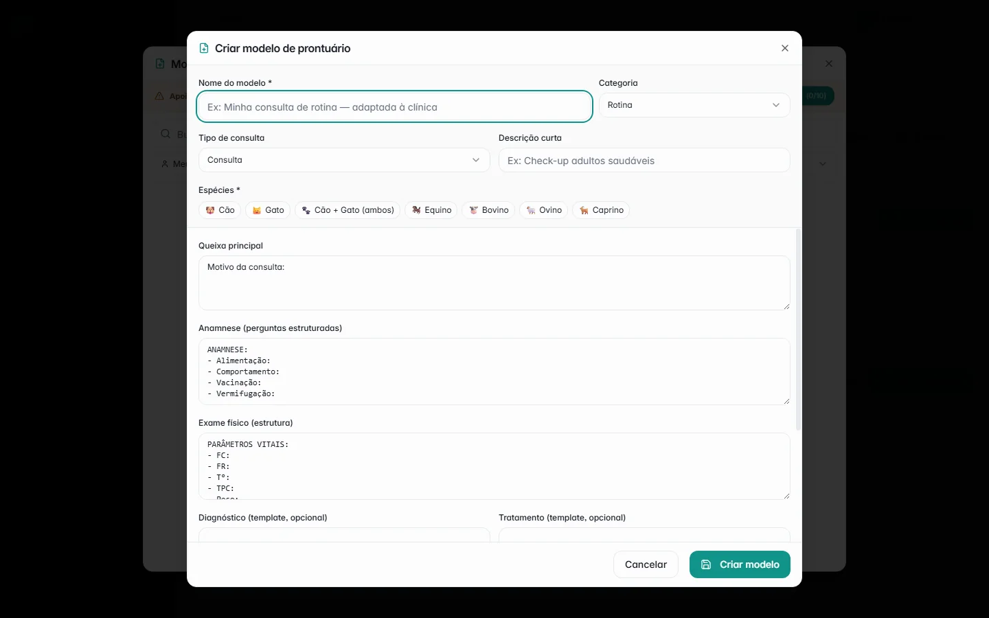 Editor de modelos de prontuário no Vet Agora com 6 campos estruturados e chips de espécies
