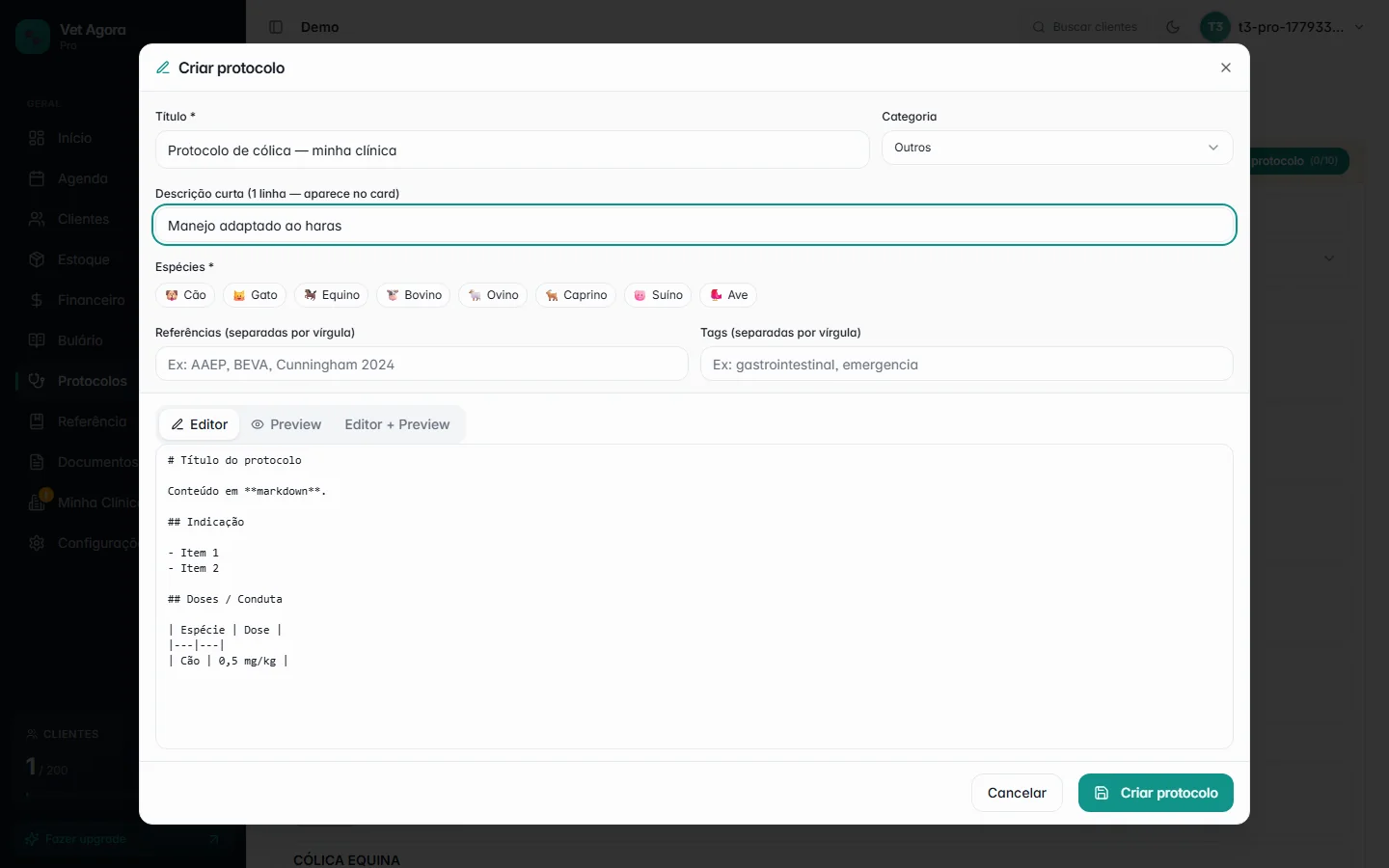 Editor markdown de protocolo clínico no Vet Agora com tabs Editor/Preview