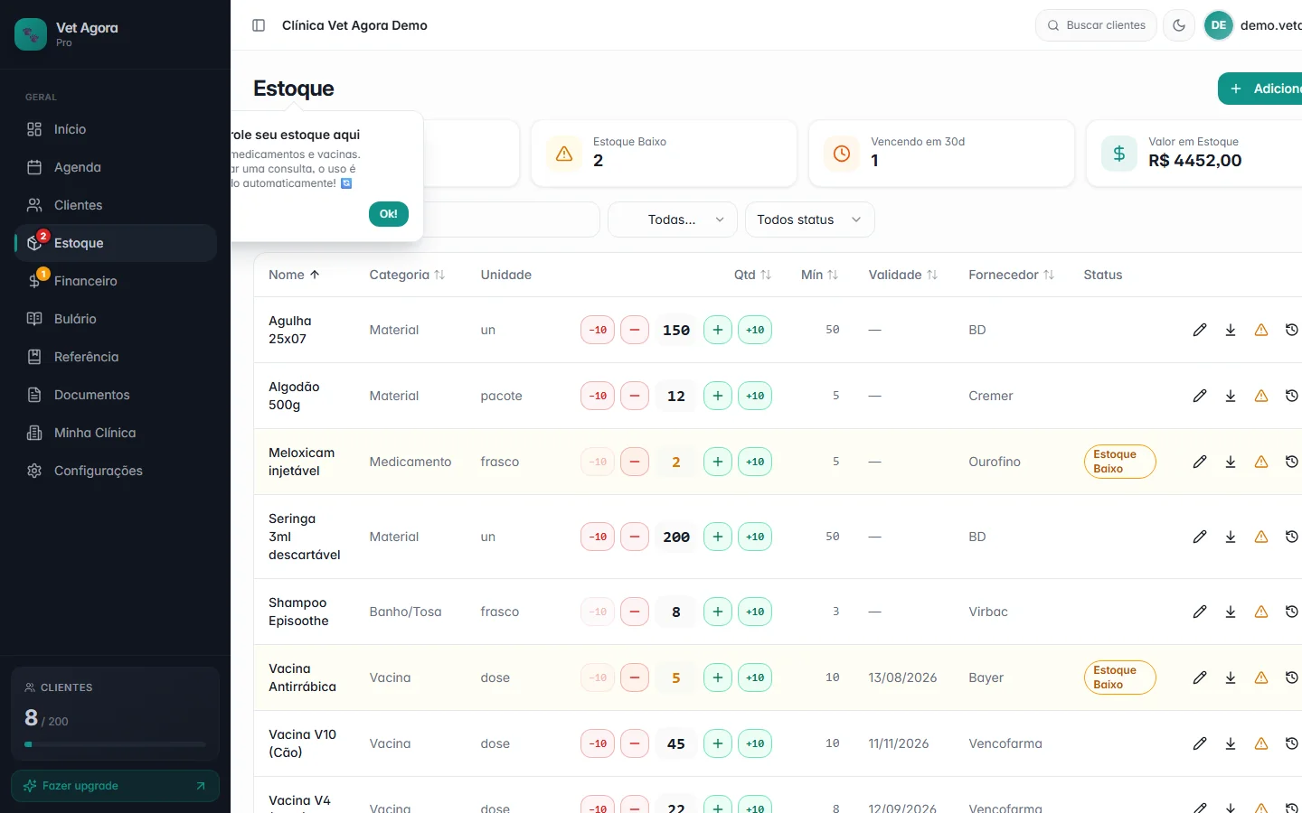 Controle de estoque com alertas de status no Vet Agora