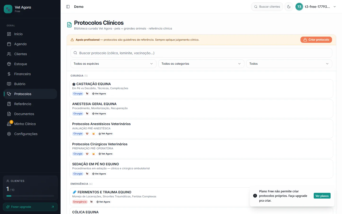 Toast no Vet Agora — plano Free não permite criar protocolos, ver planos