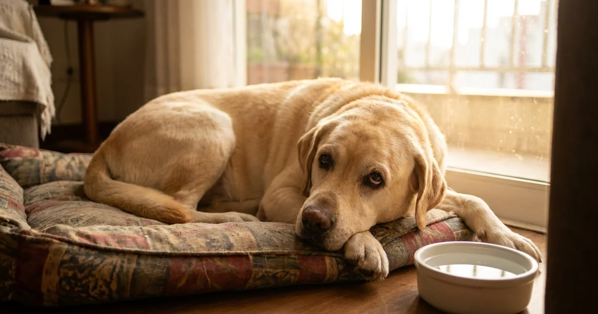 Cachorro triste deitado em cama de pet com olhar abatido
