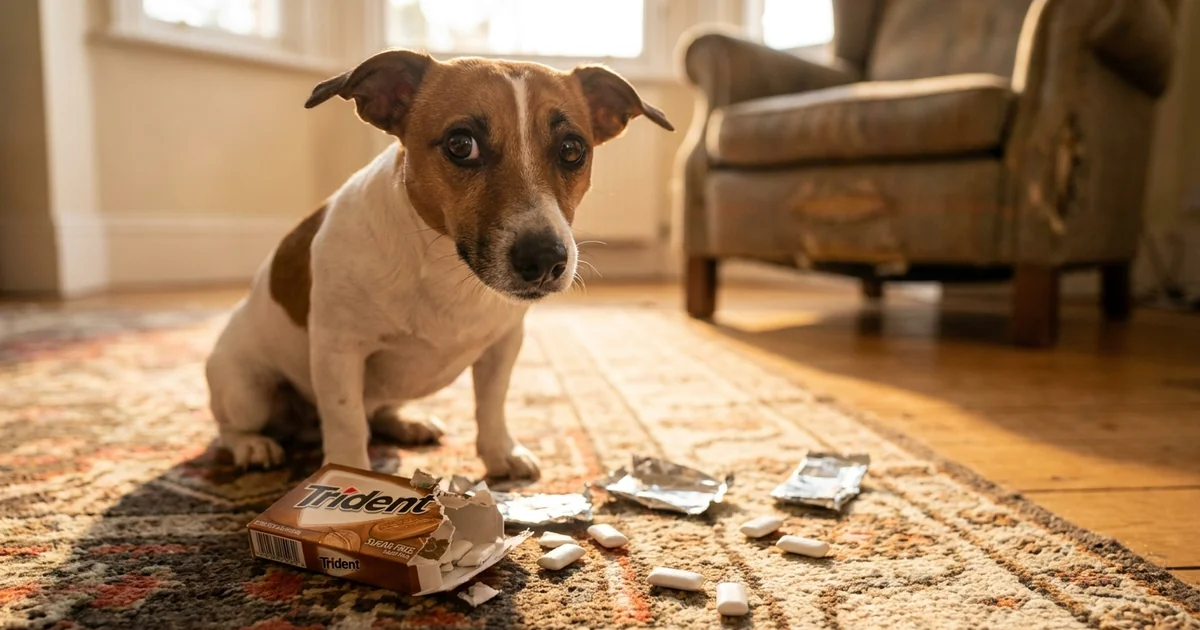 Cachorro ao lado de embalagem de chiclete rasgada com xilitol