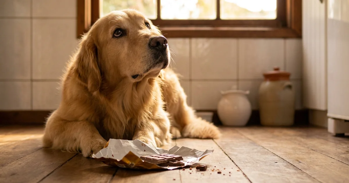 Golden retriever olhando para barra de chocolate no chão da cozinha