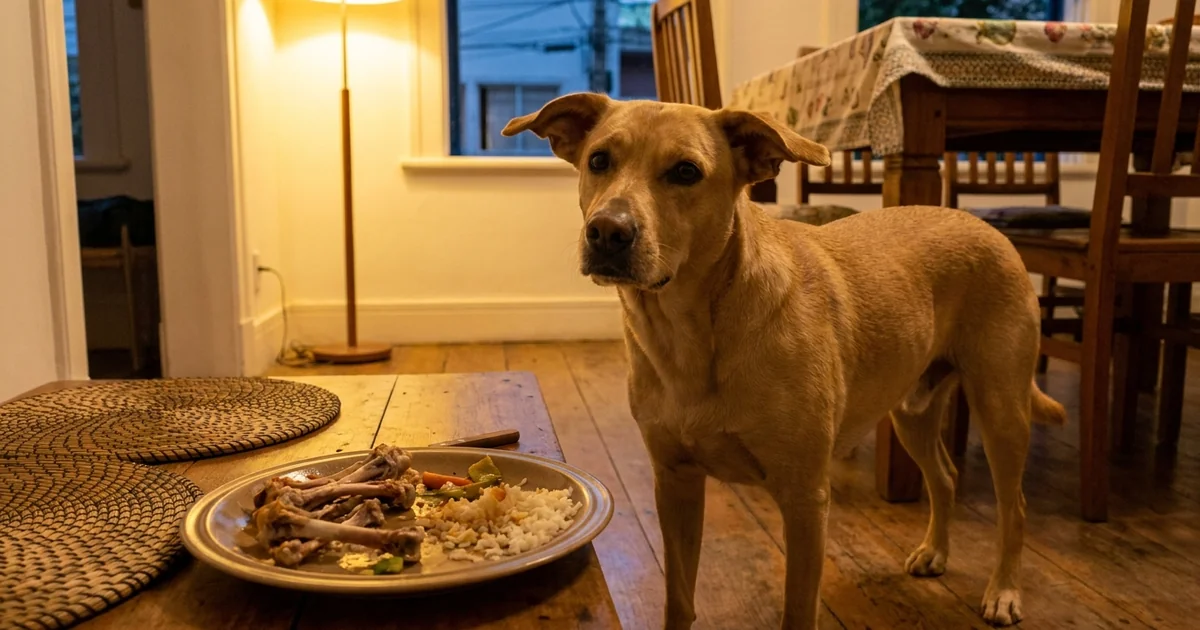 Cachorro próximo a prato com ossos de frango cozido no chão