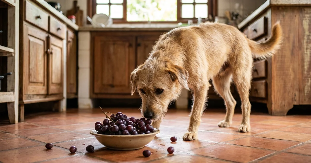 Cachorro cheirando uvas roxas no chão da cozinha