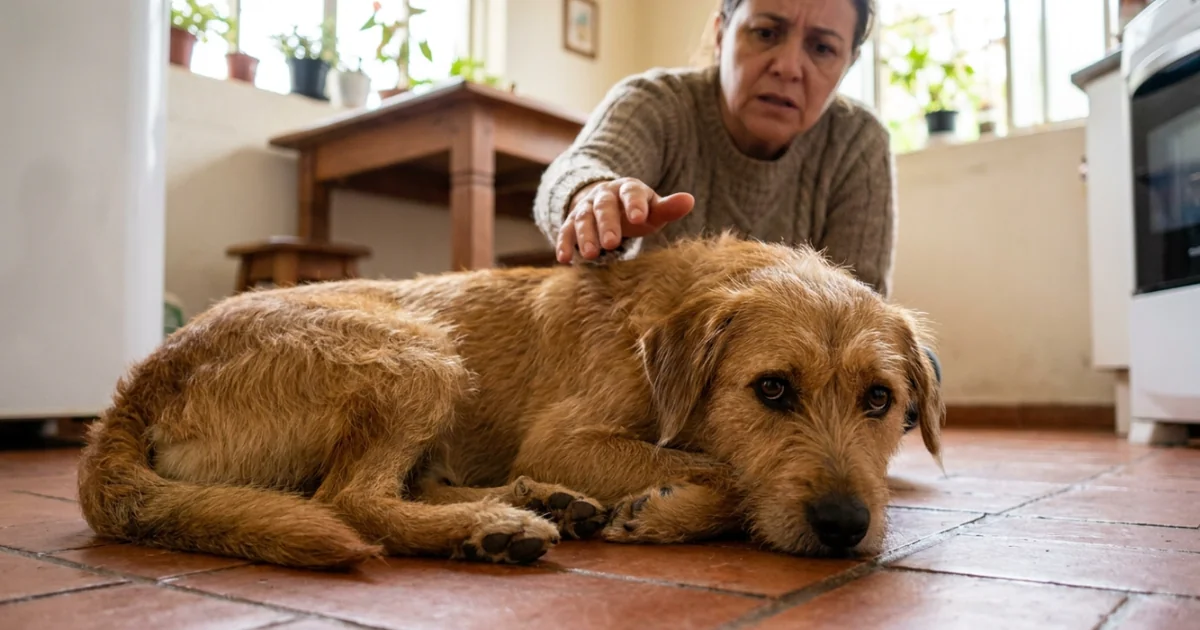 Cachorro vomitando deitado no chão da cozinha com dona preocupada ao lado