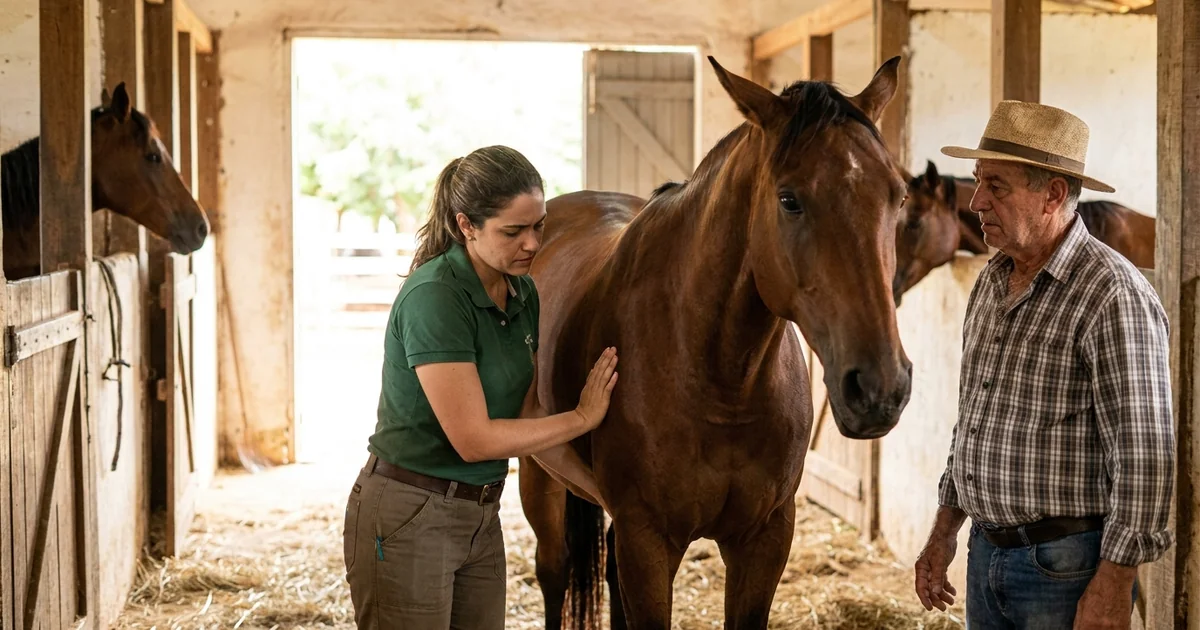 Veterinária palpando abdômen de cavalo enquanto tutor observa