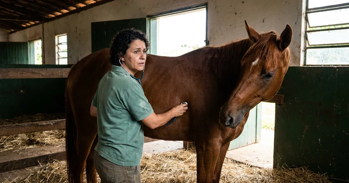 Veterinária auscultando abdômen de cavalo com sinais de cólica