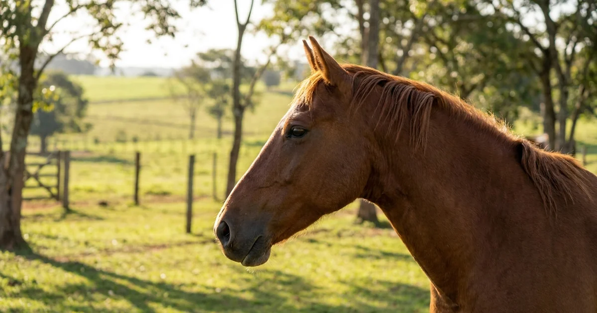 Cavalo castanho saudável em campo brasileiro