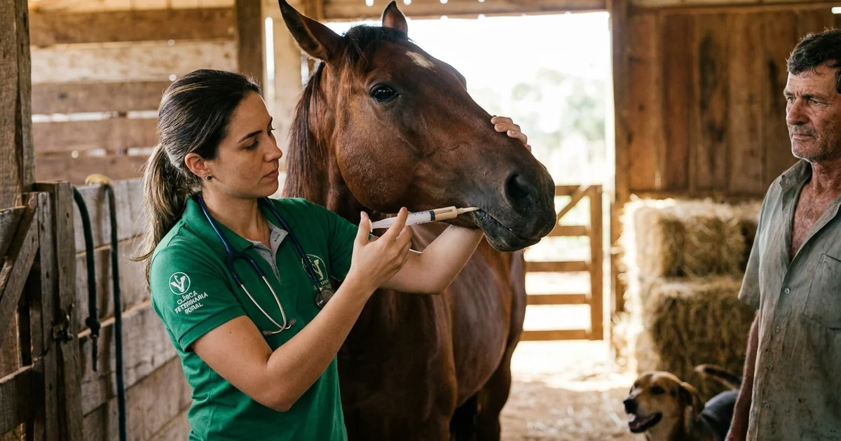 Veterinária aplicando vermifugo em pasta oral em cavalo dentro do estábulo
