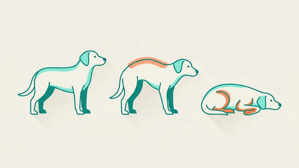 Três posturas de cachorro lado a lado, com as áreas alteradas destacadas