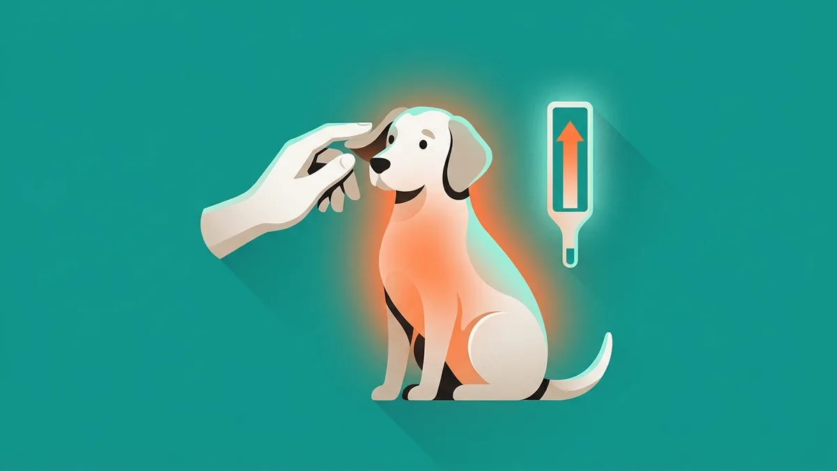 Mão tocando a orelha de um cachorro ao lado de um termômetro