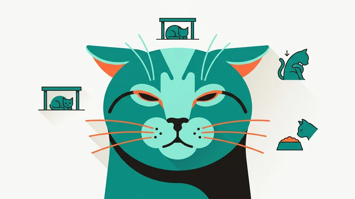 Rosto de gato com marcadores nos olhos, orelhas e bigodes indicando dor