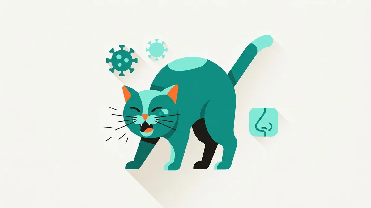 Gato espirrando com lágrima no olho e ícones de vírus e via nasal