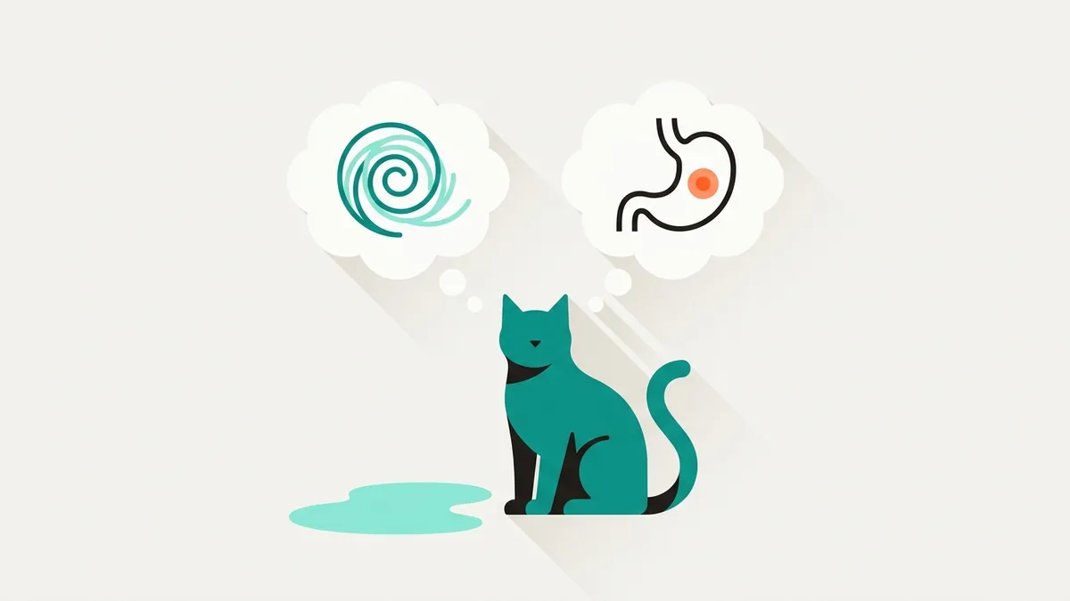 Gato ao lado de dois balões: uma bola de pelo e um estômago em alerta