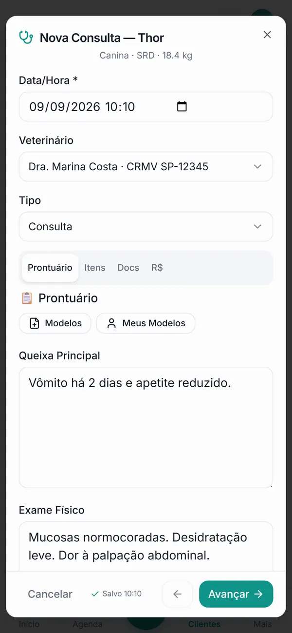 Consulta do Thor com a queixa principal e o exame físico preenchidos