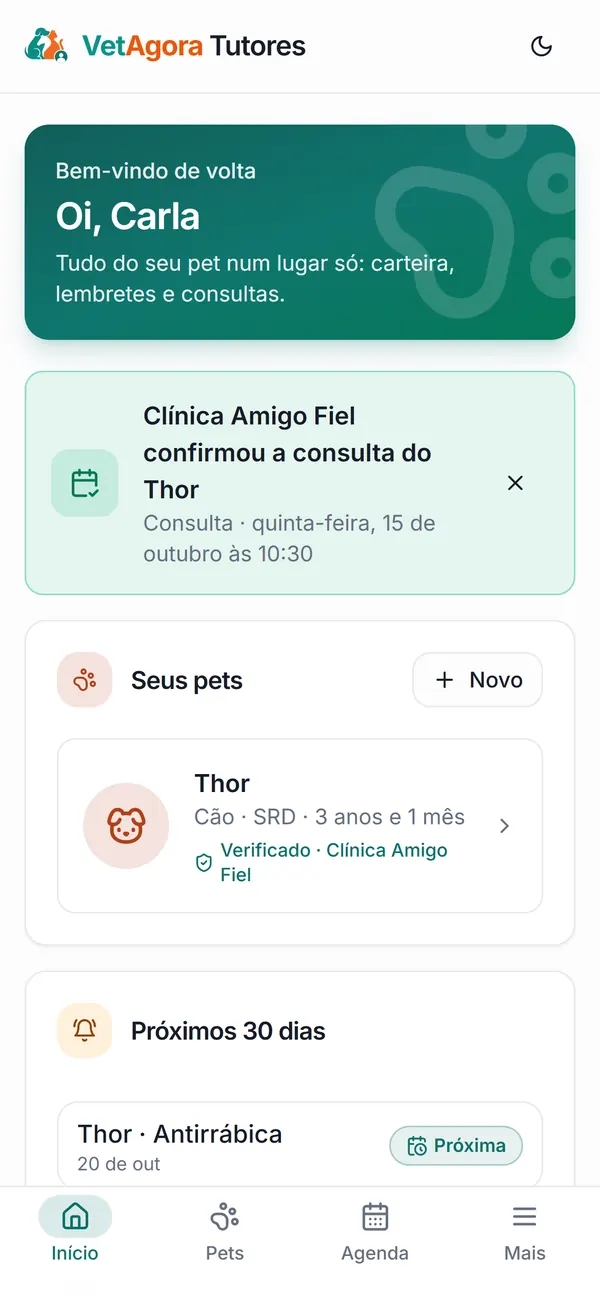 App do tutor com o aviso de que a Clínica Amigo Fiel confirmou a consulta do Thor