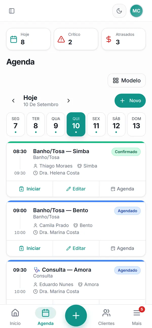 Agenda da semana no modelo Clássico, com os atendimentos do dia