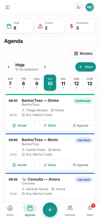 Agenda da semana no modelo Clássico, com os atendimentos do dia