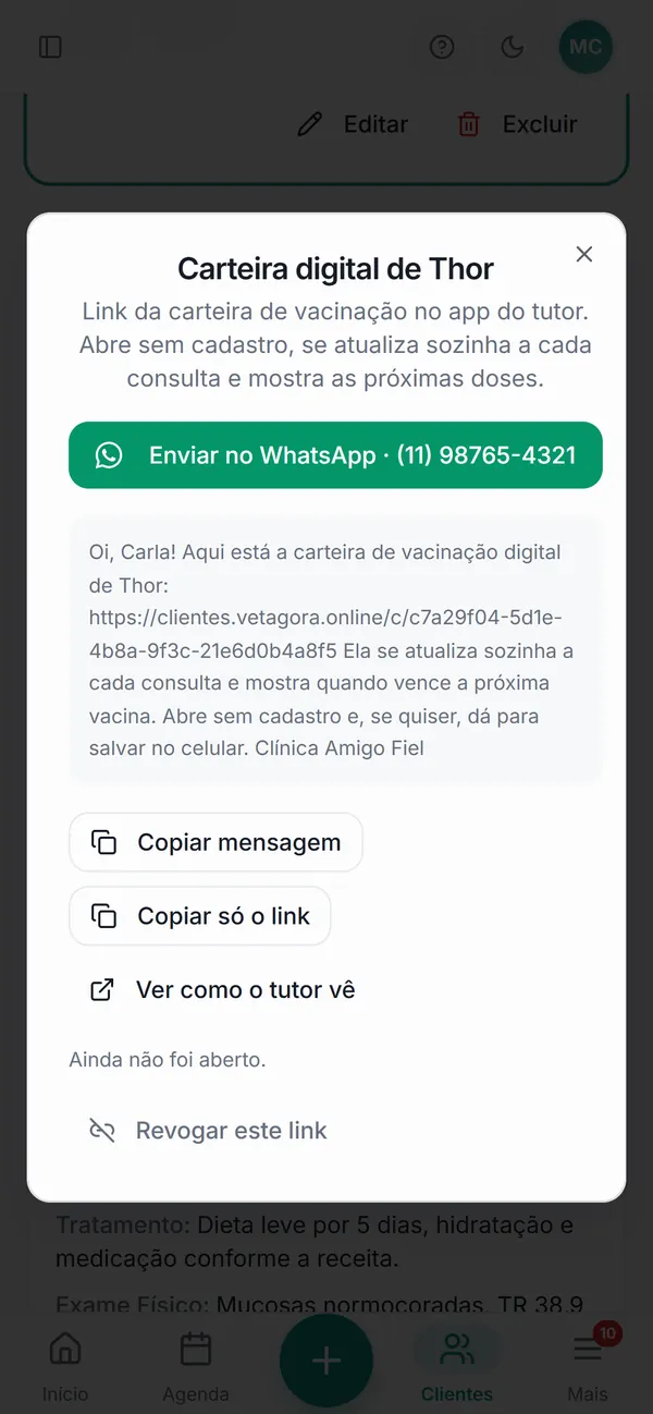 Carteira digital do Thor com o botão Enviar no WhatsApp e a mensagem pronta