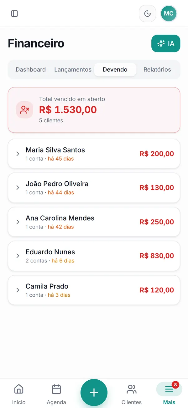 Financeiro: quem está devendo e há quantos dias