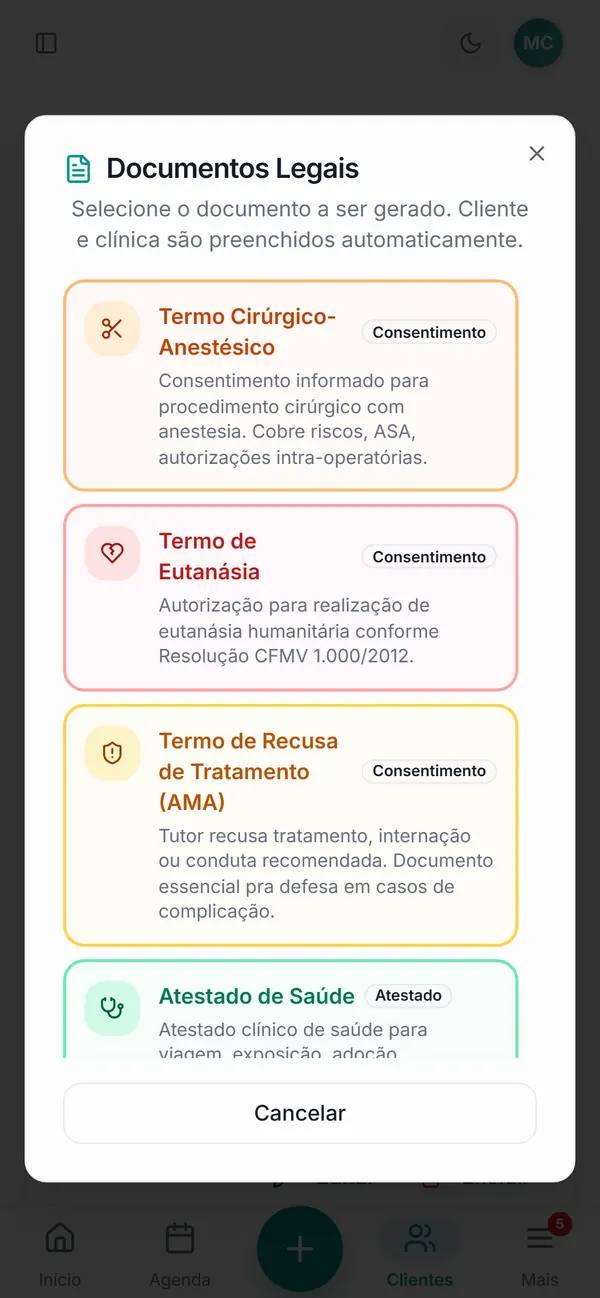 Documentos legais: termo cirúrgico, termo de eutanásia, termo de recusa e atestado