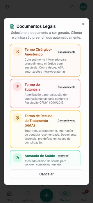 Documentos legais: termo cirúrgico, termo de eutanásia, termo de recusa e atestado