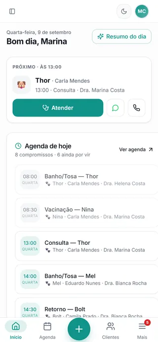 Início do Vet Agora: o próximo atendimento, com o botão Atender, e a agenda de hoje