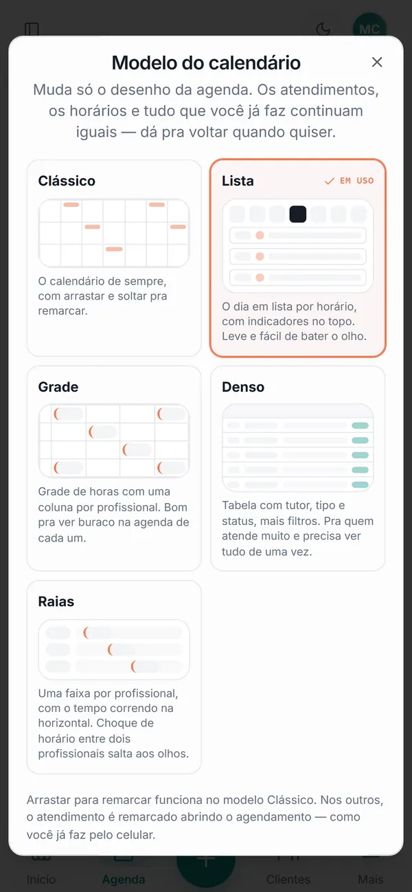 Escolha do modelo de agenda: Clássico, Lista, Grade, Denso e Raias