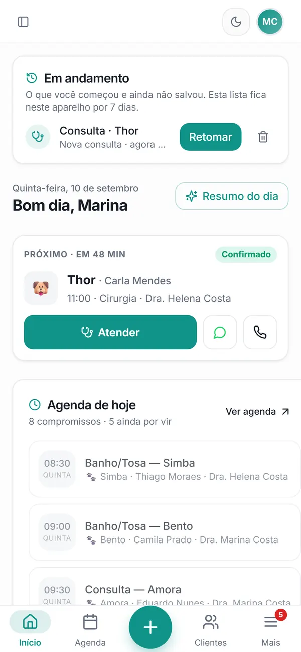 Consulta em andamento guardada no aparelho, com o botão Retomar
