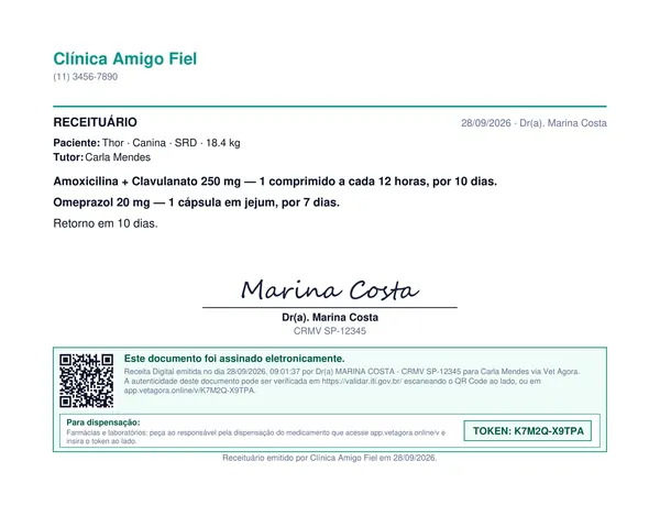 Receita assinada digitalmente, com QR e token para a farmácia conferir