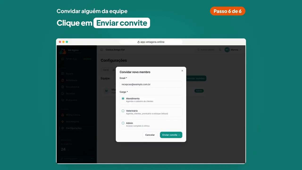 Como convidar alguém da equipe no Vet Agora: tela do convite
